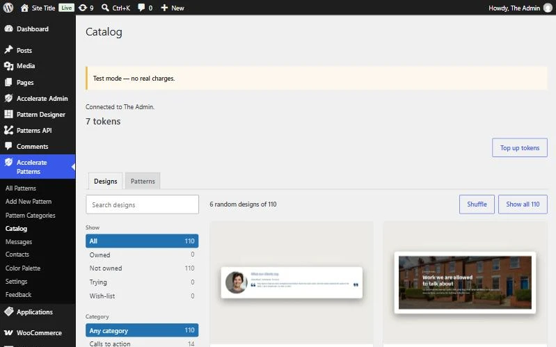 The Accelerate Patterns catalog inside WordPress admin
